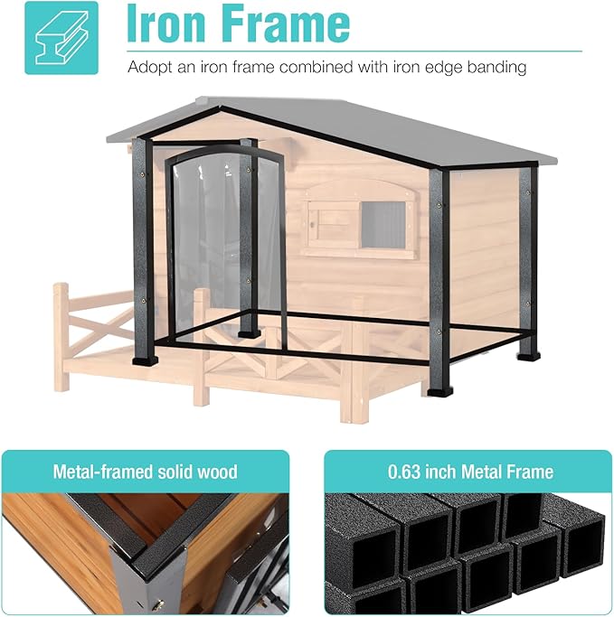 Dog House for Outdoor Use with Matel Frame, Waterproof Design- All-Weather Wooden Kennel with Sliding Window & Metal Frame (Wood, L)