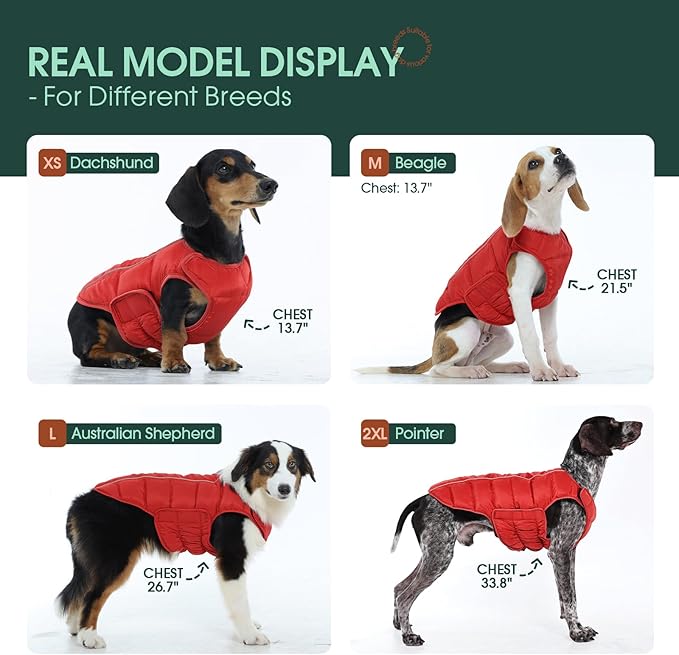 Kuoser Dog Puffer Jacket Warm Dog Coat for Medium Large Dogs, Windproof Reflective Pet Padded Vest Cold Weather Clothes Puppy Snowsuit with Hook & Loop Coats, Easy On/Off, Red L