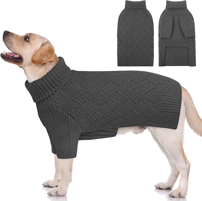 KOESON Extra Large Dog Sweater, Warm Soft XL Dog Sweater, Turtleneck Big Sweater for Large Dogs Girls and Boys, Cable Knitted Pet Knitwear with Sleeves for Fall, Winter and Spring, Grey, XLarge
