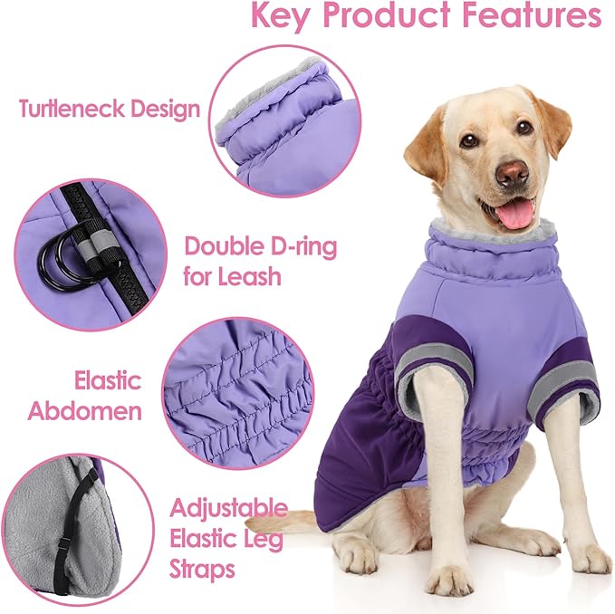 AOFITEE Dog Coat- Two Legged Large Dog Winter Jacket - Zipper Dogs Cold Weather Coat with Harness, Warm Pet Puffer Jackets Reflective Pet Snow Coats for French Bulldog, Boston Terrier, Purple L