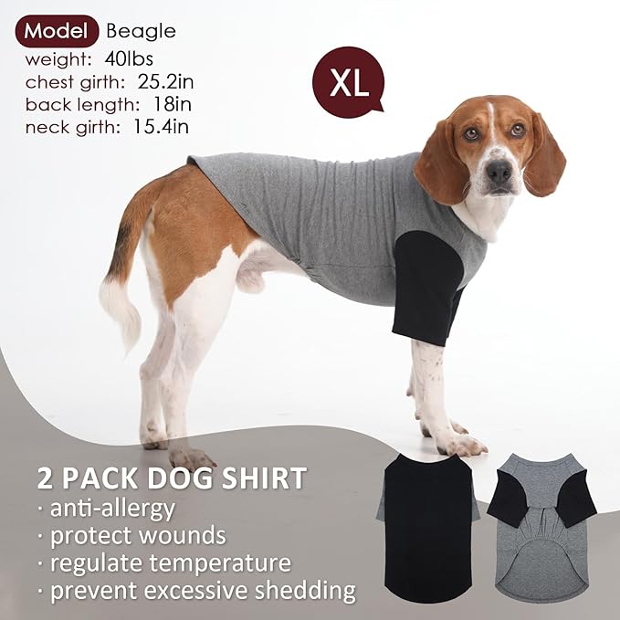 2 Pack Large Dog Shirts for Summer - Stretchy Breathable Cotton T-Shirt for Dogs, Protect Skin Easy On and Off Clothes for French Bulldog, Pug, Daily Wear, Park, Travel, Beach, GreyBlack