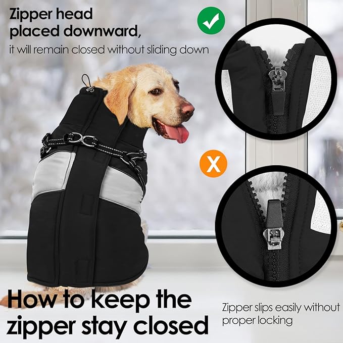 AOFITEE Dog Winter Coat, Dog Coat with Harness Built in, Dogs Jacket for Large Dogs, Reflective Waterproof Pet Puffer Jacket Snowsuit, Warm Fleece Windproof Pet Sweater for Cold Weather, XL