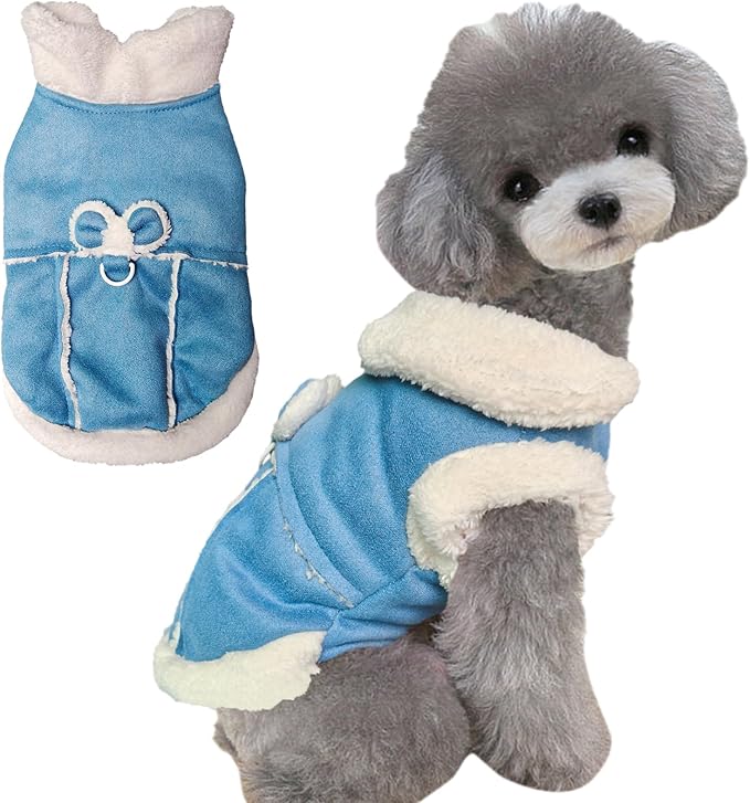 Jecikelon Bowtie Dog Cold Weather Coat Fleece Lining Warm Pet Puppy Turtleneck Dogs Winter Clothes for Small Dogs with D-Ring (Blue, Medium)