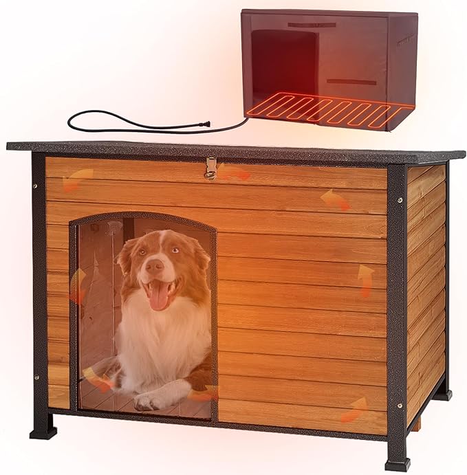 AIVITUVIN Outdoor Heated Dog House Anti Chewing Iron Frame Insulated Dog Kennel with Heating Pad Weatherproof Shelter （Brown,L）