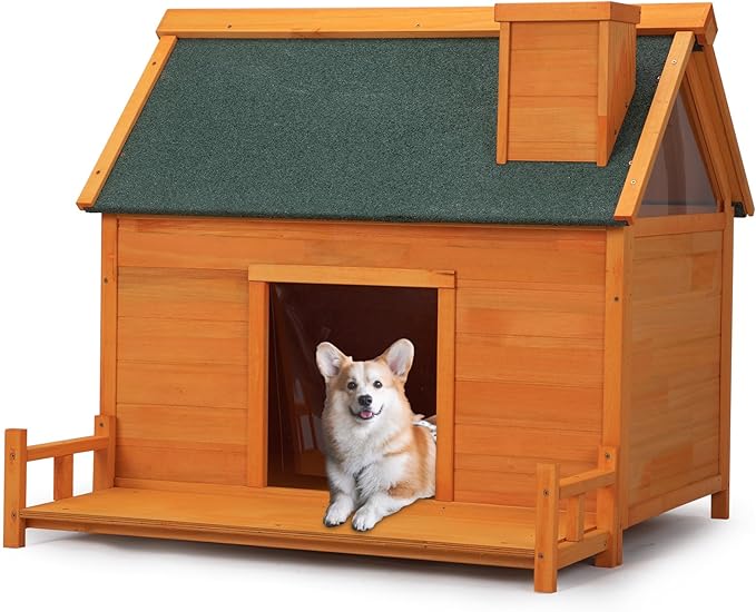 Wooden Dog House, Indoor Outdoor Pet Shelter with Platform, PVC Curtain, Door, Asphalt Roof, Pet House for Small to Medium Sized Dogs, Orange