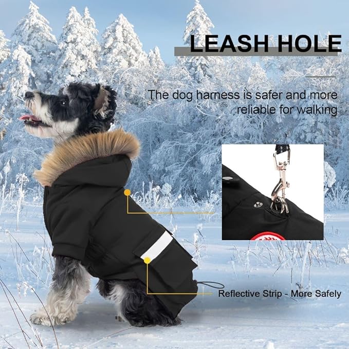 PINA Small Dog Coats - Waterproof Winter Jacket with Flannel Lining, Faux Fur Hood & Pocket