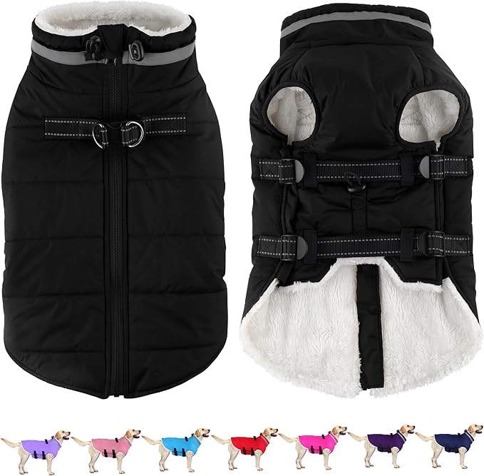 Dogcheer Dog Coat, Waterproof Dog Jacket with Harness, Reflective Adjustable Winter Coat with Zipper, Christmas Pet Snow Jacket Clothes for Small Medium Large Dogs - Black S