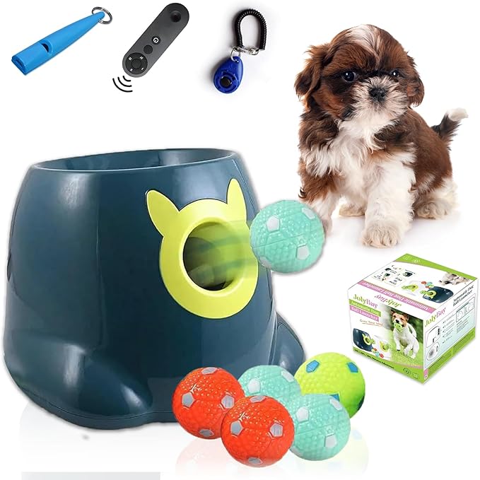 Auto Small Dog Ball Thrower for Small & Medium Dogs | Remote Control Launcher Toy with 6 Balls & Accessories – Indoor & Outdoor Use | Dual Power Options – Super Blue