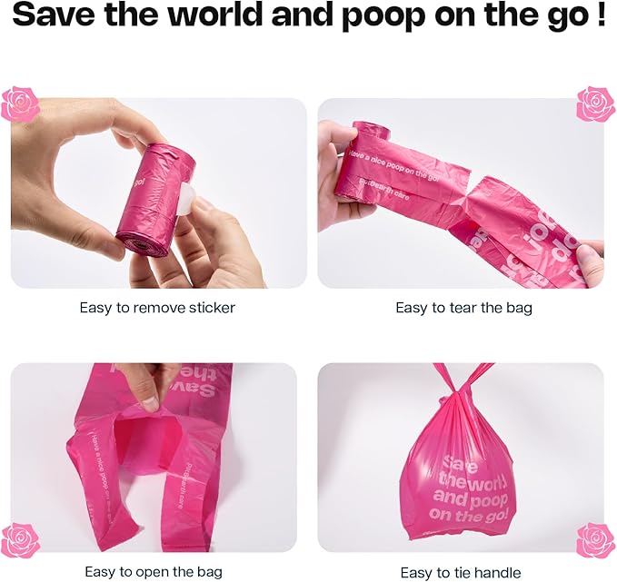 Dog Poop Bags with Handles 60 Rolls 720 Counts Big Sizes Leak Proof and Extra Thick Waste Bags Refill Rolls for Walking Small Medium Large Dogs Cats Litter With 2 Dispensers Rose Scented
