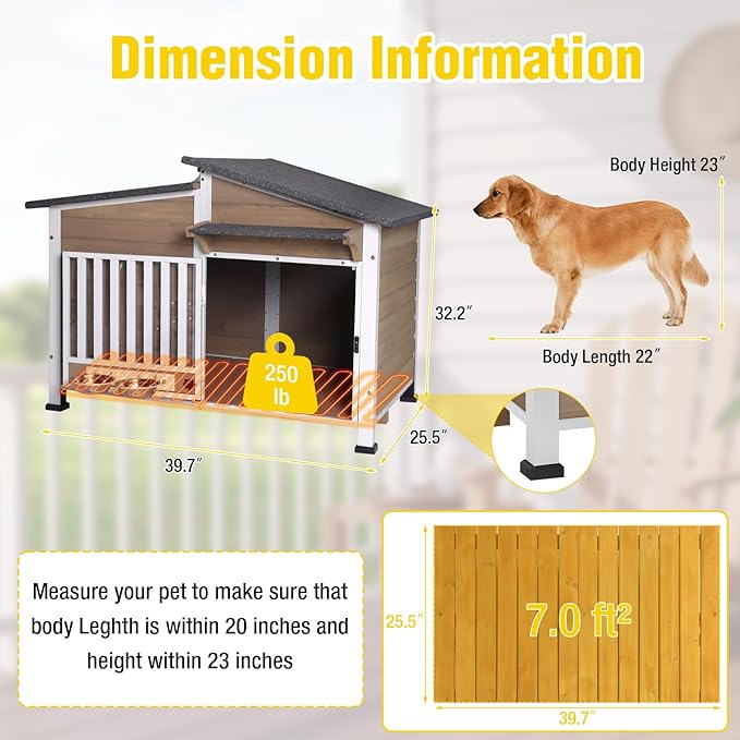 Chew-Resistant Dog House with Metal Frame, Wooden Kennel for Indoor & Outdoor Use, Waterproof Roof & Feeding Bowls Included (Brown, L-in)
