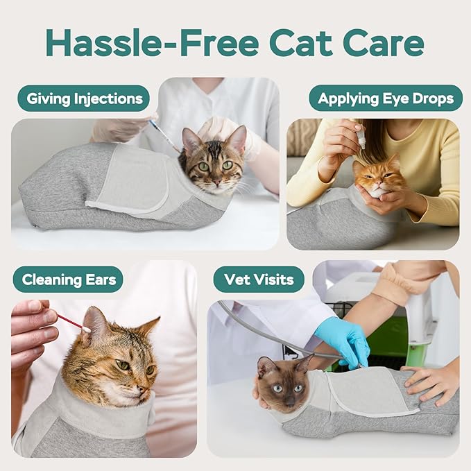 Self-Adhesive Cat Grooming Wrap, Cozy Cat Wrap for Cutting Nails, Breathable Anti-Scratch Cat Swaddle Bag for Brushing, Ear Cleaning, Dental Care, Medication, Injections,Grey L