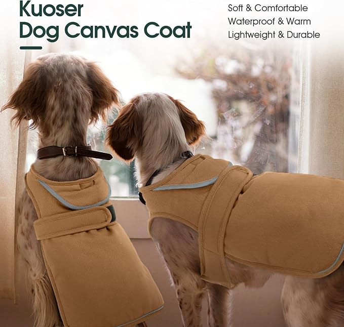 Kuoser Canvas Dog Coat, Warm Dog Jacket Reflective Fleece Pet Cold Weather Coat, Warm Doggie Clothes Waterproof Winter Vest with Zipper Leash Hole for Small Medium Large Dogs, Brown L