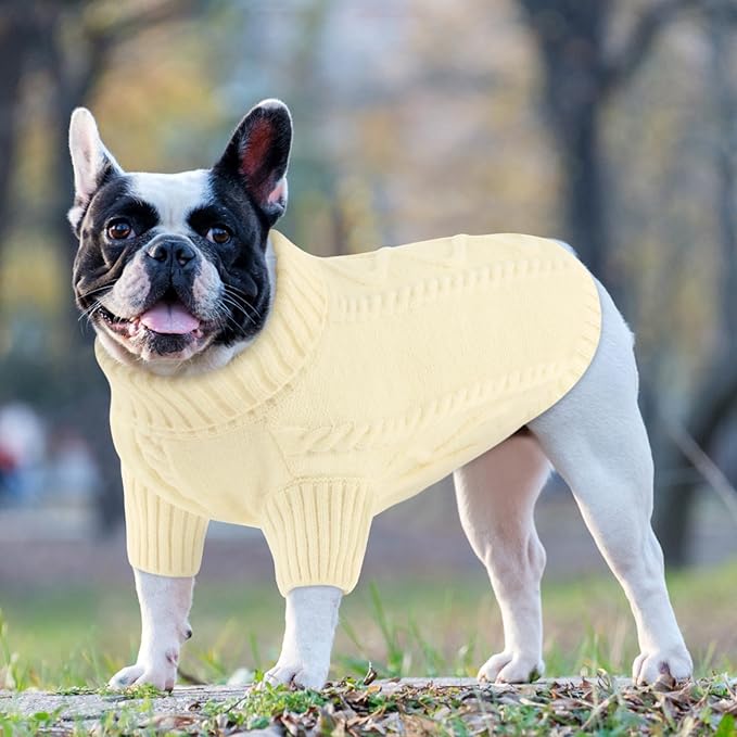 Queenmore Small Dog Pullover Sweater, Cold Weather Cable Knitwear, Classic Turtleneck Thick Warm Clothes for Chihuahua, Bulldog, Dachshund, Pug (White, X-Small)