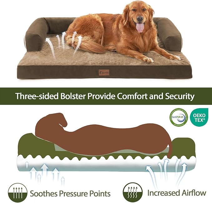 Orthopedic Dog Beds for Large Sized Dogs, Waterproof Egg Crate Foam Large Dog Couch Beds with Comfy Bolster 36x27Inch, Washable Pet Beds with Removable Cover and Nonskid Bottom, Brown