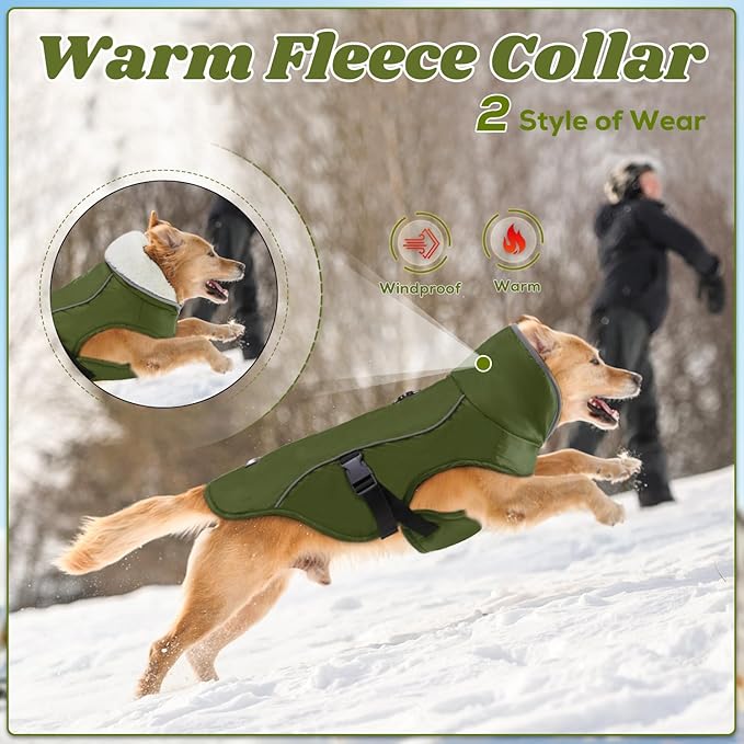 EMUST Dog Coat Winter, Waterproof Pet Snow Jacket for Winter, Adjustable Small/Medium/Large Dog Coat, Green, L