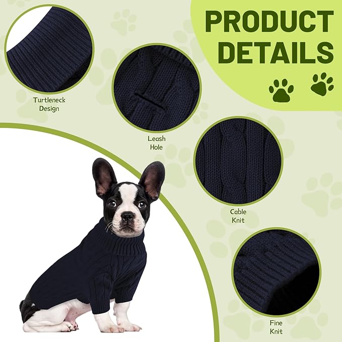 Small Dog Thermal Pullover Sweater, Classic Turtleneck Cable Knitwear Dog Clothes for Cold Weather Warm Pet Clothes for Chihuahua, Bulldog, Dachshund, Pug Navy X-Large