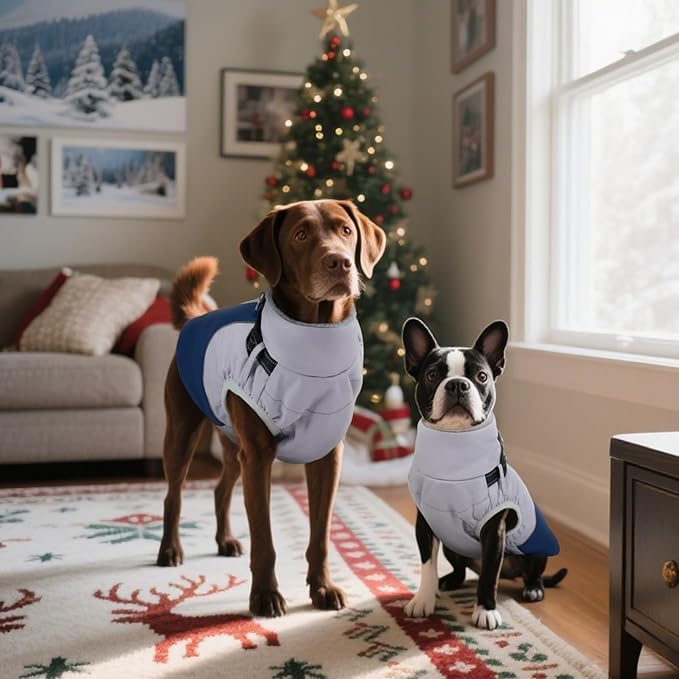 DENTRUN Dog Coat with Harness Built in, Easy On/Off Zipper Closure Winter Dog Vest, Water-Repellent Fleece Lined Warm Jacket with Reflective for Small Dogs, Dark Blue, XS