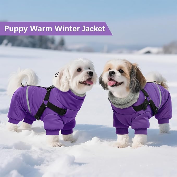 BRKURLEG Purple Dog Coat with Harness, Dog Winter Jacket, Dogs Onesie Body Warm Jackets, Small Dogs Winter Coats Reflective Windproof Warm Cold Weather Coats, Pet Waterproof Jackets, M