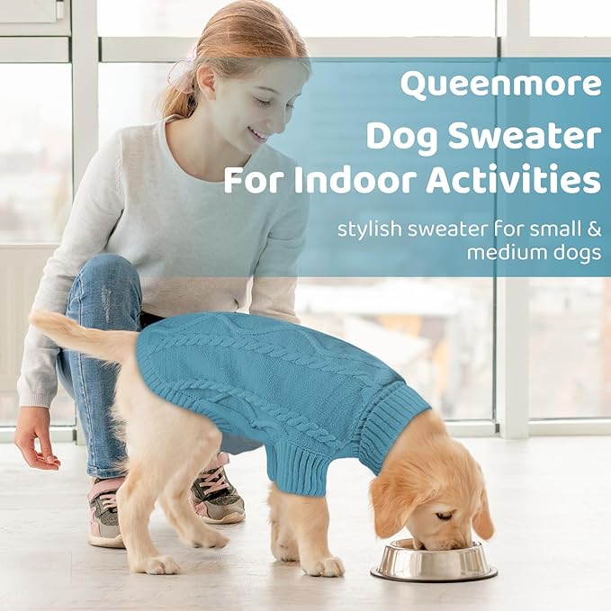 Queenmore Small Dog Pullover Sweater, Cold Weather Cable Knitwear, Classic Turtleneck Thick Warm Clothes for Chihuahua, Bulldog, Dachshund, Pug (Peacock Blue, Medium)