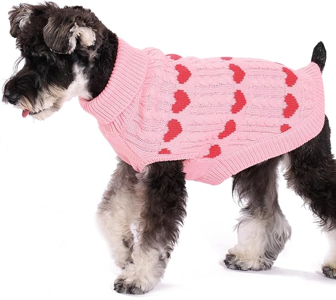 KOOLTAIL Cable Knit Dog Sweater Turtleneck, Cold Weather Pullover Classic Knitwear, Snowflake Pattern Thick Warm Winter Pet Clothes,Dog Christmas Sweater for Small Medium Large Dogs,Pink Heart M