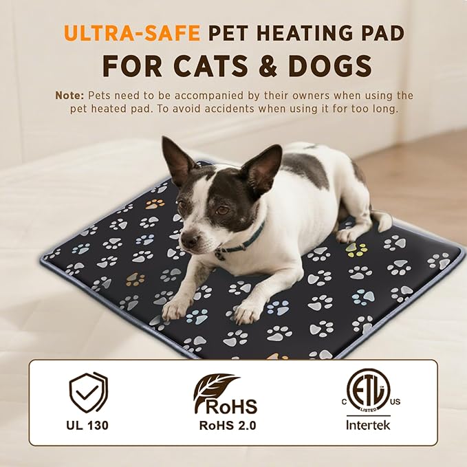 furrybaby Pet Heating Pad, Waterproof Dog Heating Pad Mat for Cat with Durable Anti-Bite Tube Indoor for Puppies Dogs Cats (1 Pack Black, 47 * 30 in, Temp Adjustable)