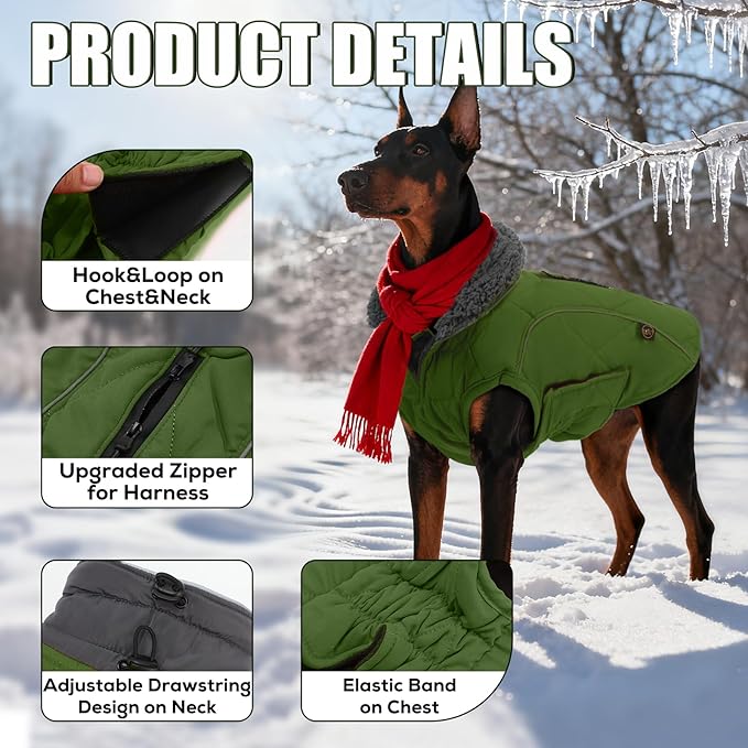EMUST Dog Jacket - Winter Coats for Small/Medium/Large Dogs, French Bulldog Clothes, Green, XL