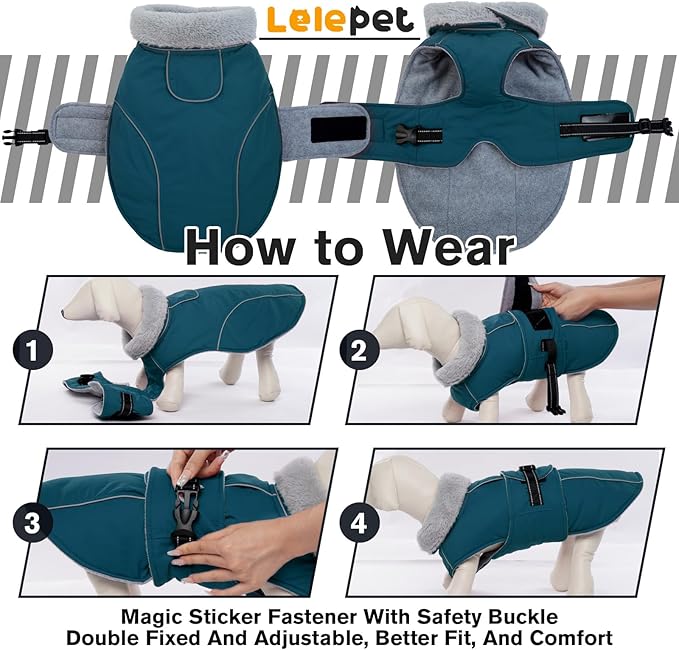 Lelepet Warm Dog Coats for Extra Large Dogs Waterproof Dog Winter Jacket Reflective Pet Fleece Vest Windproof Cold Weather Coats with Adjustable Buckle & Leash Hole, Dark Green, XXXL