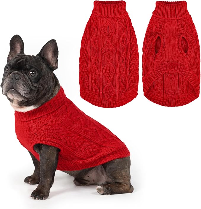 PUPTECK Dog Sweater, Turtleneck Warm Knitted Pullover Coat, Thick Cable Knitwear Clothes in Winter, Pet Apparel Outfits for Small Medium Dogs, for Cold Weather Indoor & Outdoor, Red XS