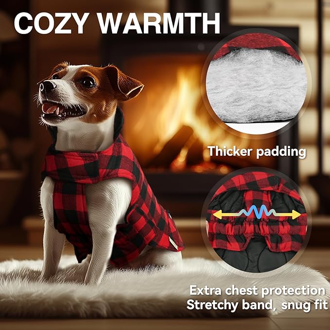 VIVAGLORY Softjoy Dog Coat, Dog Jacket for Winter & Christmas, Coat with Harness Hole & Velcro Closure, Reversible Plaid Checkered Warm Fluffy Heavy Duty for Puppy, XXS, Red Black