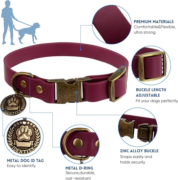 Wisedog Dog Collar and Leash Set, Waterproof Adjustable Puppy Collars with Cute Tag 6FT Dog Leash with Poop Bag for Small Medium Large Dogs (M, Burgundy)
