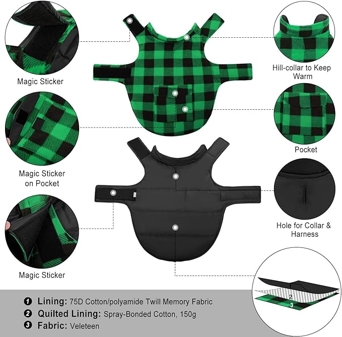 ASENKU Dog Winter Coat, Fleece Doggie Jacket Plaid Reversible Vest Waterproof Windproof Cold Weather Clothes for Small Medium Large Dogs (XS, Green)