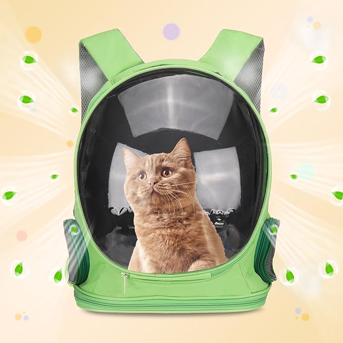 Pet Backpack Carrier, Portable and Ventilated, Oxford Cloth, Dog Cat Travel Bag with Transparent Cover 12.99", (Green, 1 Pcs), Intended for Hiking/Camping/Traveling