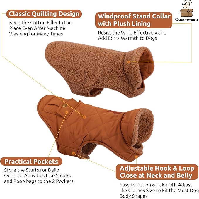 Queenmore Warm Coat for Cold Weather, Quilted Winter Jacket With Ultra Thick Plush Lining and Storage Pockets (Brown, X-Large)