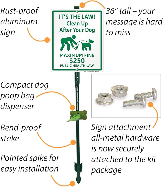 SmartSign It’s Law Clean Up After Your Dog Maximum Fine $250 Yard Sign & Clip-On Plastic Dispenser Combo/Kit, 10"x12" Aluminum Sign with 3ft Stake, Compact Dispenser Preloaded with a 15 Poop Bags Roll