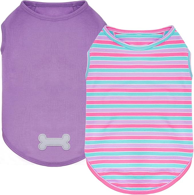 KYEESE 2Pack Dog Shirts Small Tee Soft for Small Dogs Striped T Shirt Lightweight Sleeveless Vest Cotton Tank Top Clothes, Large,Purple+Orange Striped