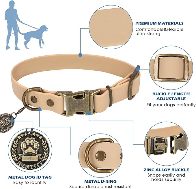 Wisedog Dog Collar and Leash Set, Waterproof Adjustable Puppy Collars with Cute Tag 6FT Dog Leash with Poop Bag for Small Medium Large Dogs (L, Sand Color)