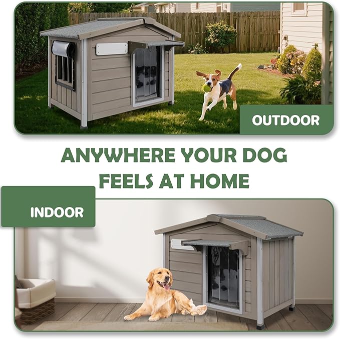 30''L Dog House Outdoor Indoor, Wooden Dog Houses with Waterproof Roof, Door Curtain, Anti-Chewing Frame, Elevated Doghouse Shelter Bed Kennel with Window, Removable Floor