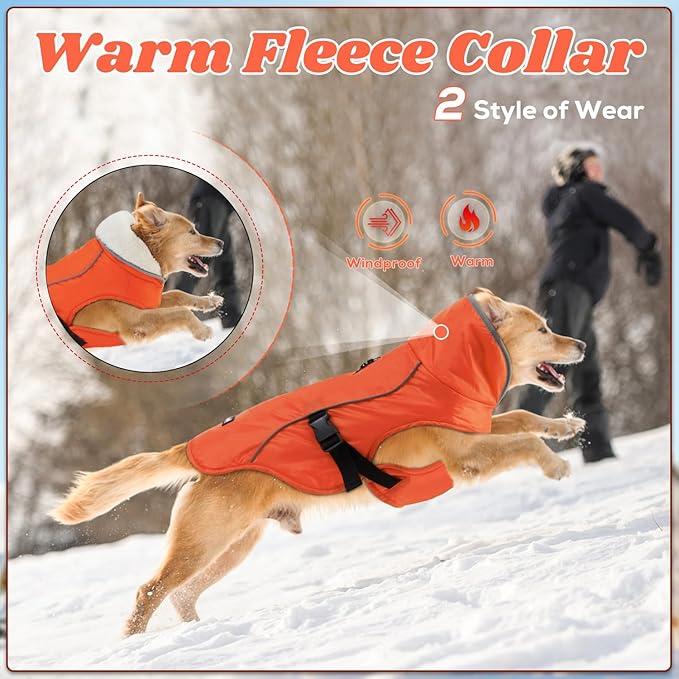 EMUST Dog Cold Weather Coats, Fleece Lining Small/Medium/Large Dog Jacket for Winter, Warm Waterproof Pet Winter Clothes for Large Dogs, Orange, XL
