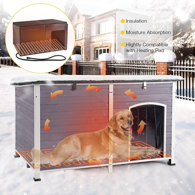 Aivituvin Outdoor Heated Dog House 59" Extra Large Insulated Dog Kennel with Insulation Liner & Heating System for Winter,All-Around Iron Frame Cage,Grey