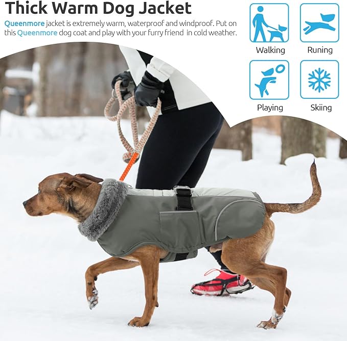 Queenmore Fleece Dogs Coats, Dog Jackets for Large Breeds, Windproof Dog Coats Winter, Reflective Pet Jackets, Grey, XXXL
