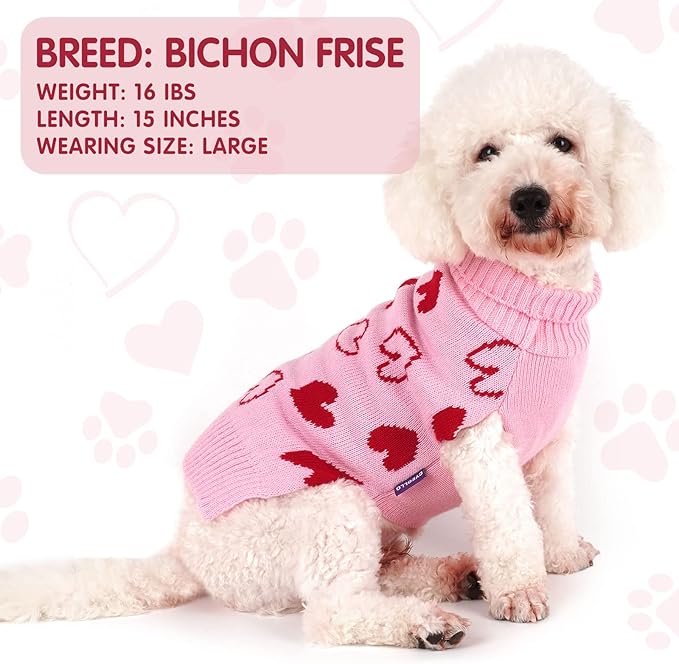 cyeollo Dog Sweater Pullover Turtleneck Heart Pattern Holiday Theme Dog Clothes with Leash Hole Female Pet Apparel for Small Dogs Pink