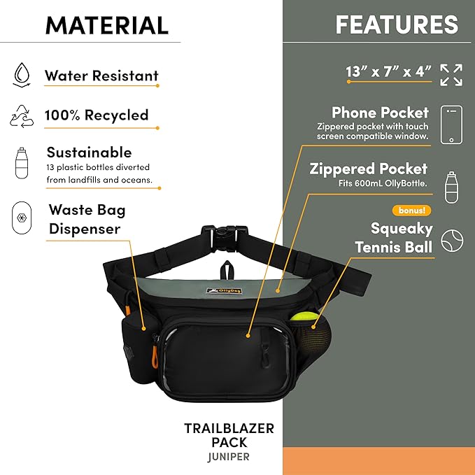 OllyDog Trailblazer Pack | Fanny Pack | Dog Treat Pouch | Includes Rubber Fetch Ball | Water-Resistant | Poop Bag Dispenser | Hands-Free | Dog Walking & Training