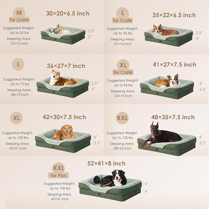 EHEYCIGA Memory Foam Dog Bed for Medium Size, Orthopedic Dog Sofa with Sides and Waterproof Liner, Washable Bolster Pet Couch with Removable Cover, 35x22x6.5 Inch, Green