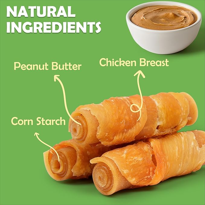 MON2SUN Rawhide Free Dog Treats, 3 Inch Chicken Wrapped Rolls, Low Fat and Training Snacks, Peanut Butter Flavor Chews for Small Dogs, 21.16oz (16 Count - Pack of 1)