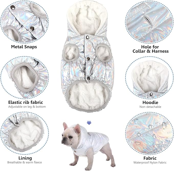 Fleece Hoodie, Windproof Waterproof Coat, Winter Warm Jacket, Cold Weather Pet Apparel Clothes Vest for Small Medium Large Dogs (M, Silver)