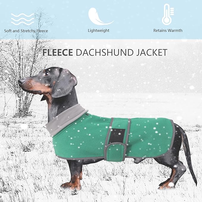 Geyecete Dachshund Sweater - Padded Fleece Lining Dog Jacket, Dachshund Coat - Green, XS