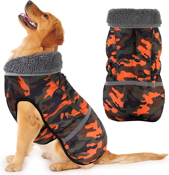 Dogcheer Warm Dog Coat, Waterproof Dog Jacket Christmas Puppy Winter Coat with Buckle, Reflective Adjustable Pet Snow Jacket Turtleneck Fleece Sweater for Small Medium Large Dogs - Orange Camo, 3XL