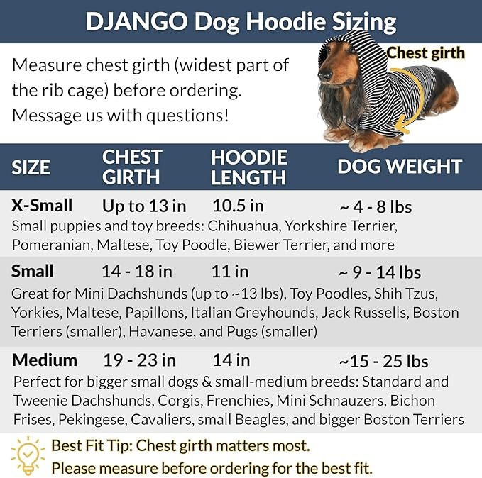 DJANGO Dog Hoodie – Warm, Lightweight, Soft & Stretchy Dog Sweater with Hood, Harness Hole & Elastic Waistband – Cozy Sweatshirt for Small Dogs up to 25 lbs, Dachshunds & Puppies – Black, X-Small