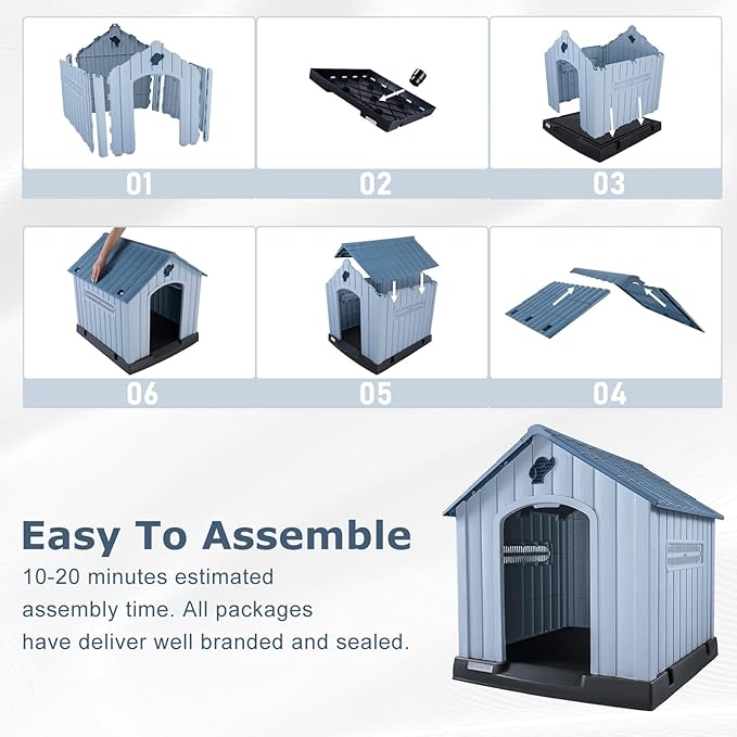 LEMBERI Large Plastic Dog House for Medium Large Dogs, Durable Waterproof Indoor Outdoor Doghouse with Air Vents and Elevated Floor, Easy to Assemble (Blue, 38.7" L x 36.8" W x 39.1" H)