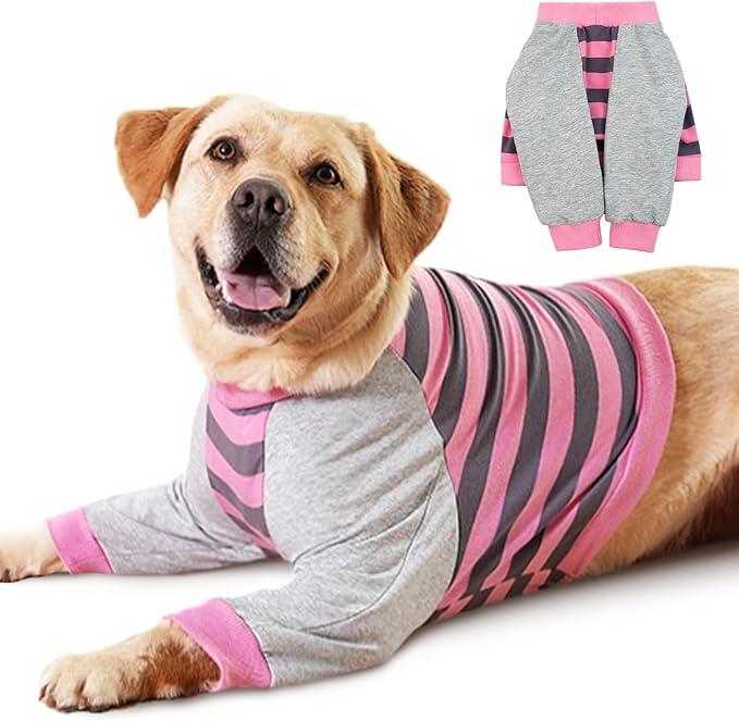 FUAMEY Dog Recovery Sleeve with Elbow Protector,Dogs Shirt Stop Licking Joints,Pet Long Sleeve Suit Protecting Dog's Front Leg Arm Wounds Cover Skin Conditions Pink Stripes 3XL